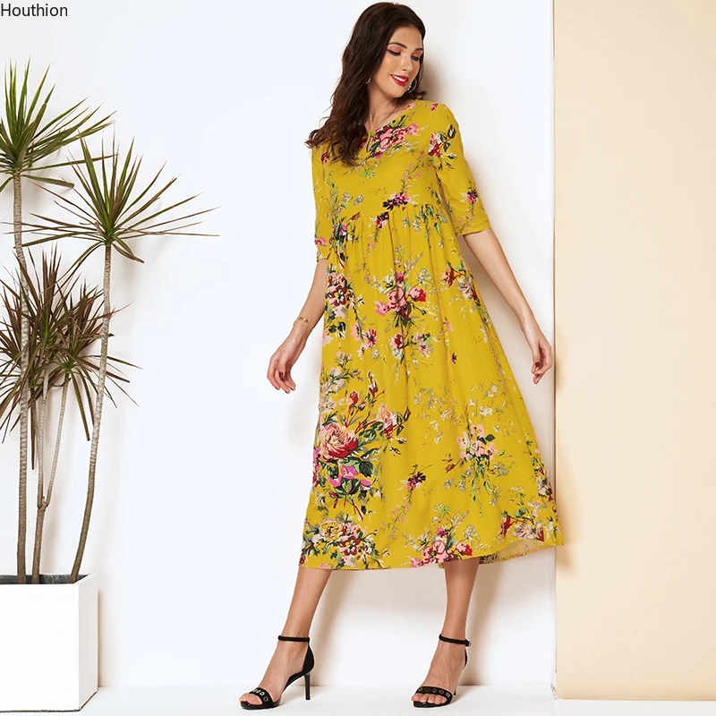 

Houthion Women's Dress Fashion Printing Cotton Summer High Waist Long New