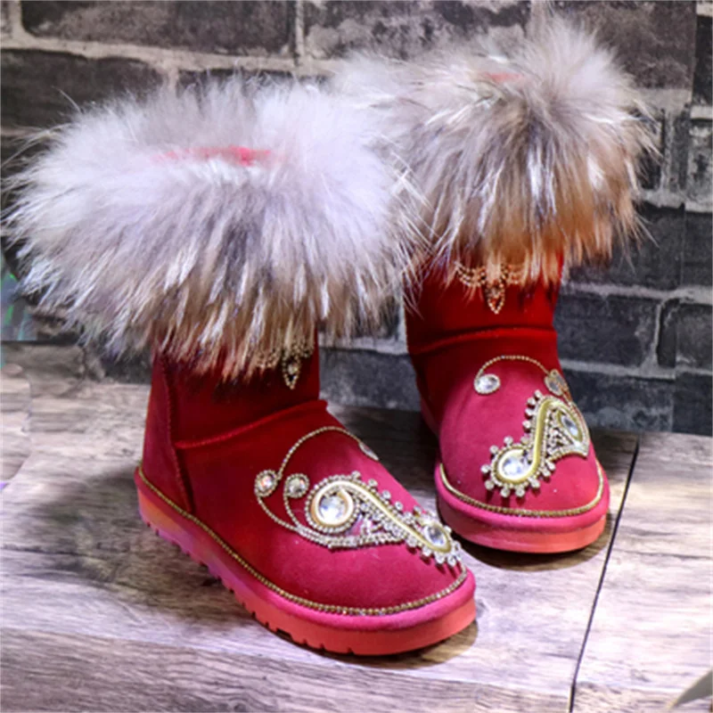 

Fur integrated snow boots handmade DIY red gold rhinestone thickened large size women's boots to keep warm 35-39