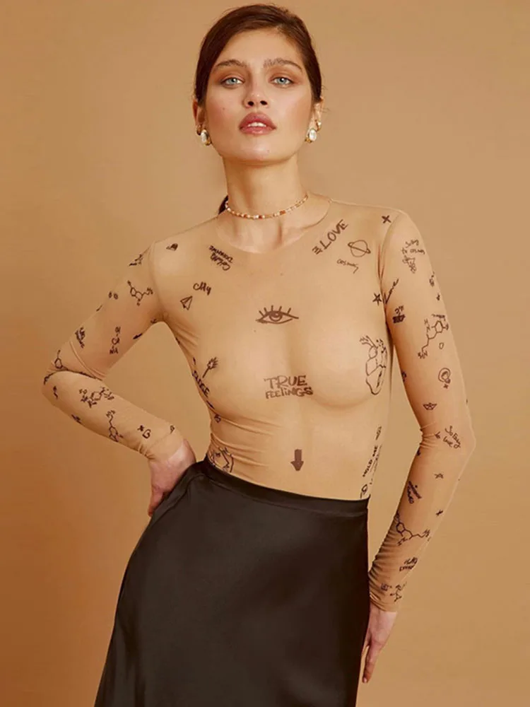 Женское боди в винтажном стиле с длинными рукавами и круглым вырезом из