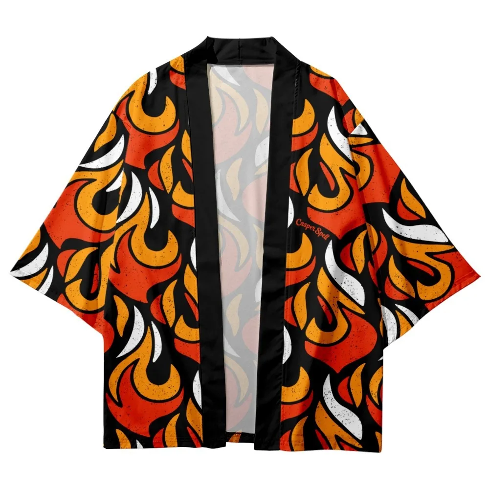 Модное пляжное кимоно с японским огненным принтом и шорты халат мужские рубашки