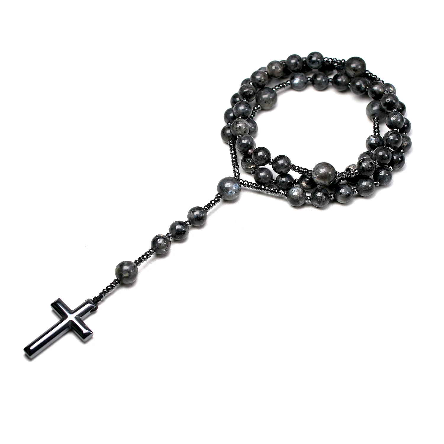 Natural Stone Black Labradorite Flashstone Catholic Christ Rosary Necklaces Hematite Cross Pendant Necklace Women Jewelry