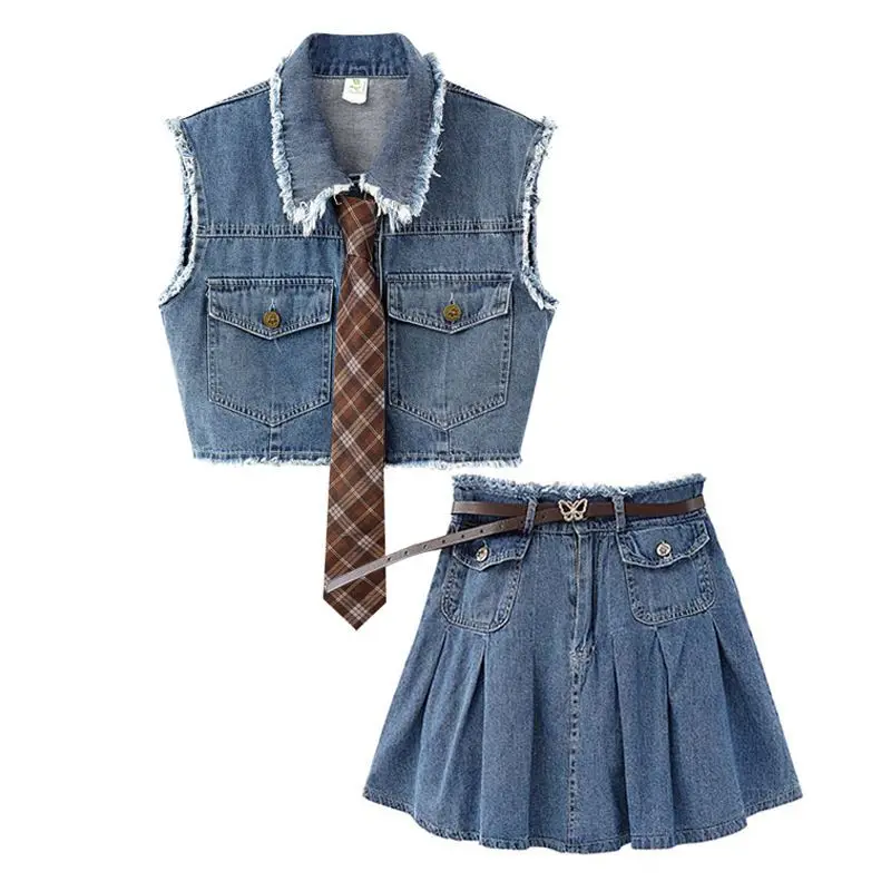 

Hot Girl Style Denim Set Women's 2023 Summer Thin Sweet Academy Style Short Sleeve Top High Waist Half Skirt Suit
