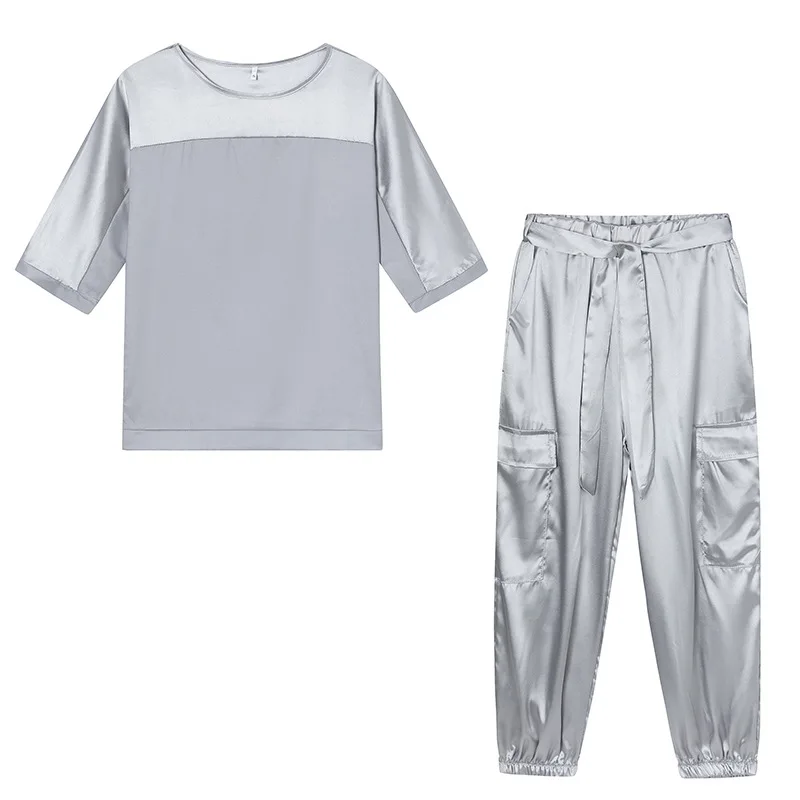 Новинка 2024 Модный женский Гладкий Атласный топ с рукавом до локтя и брюки костюм