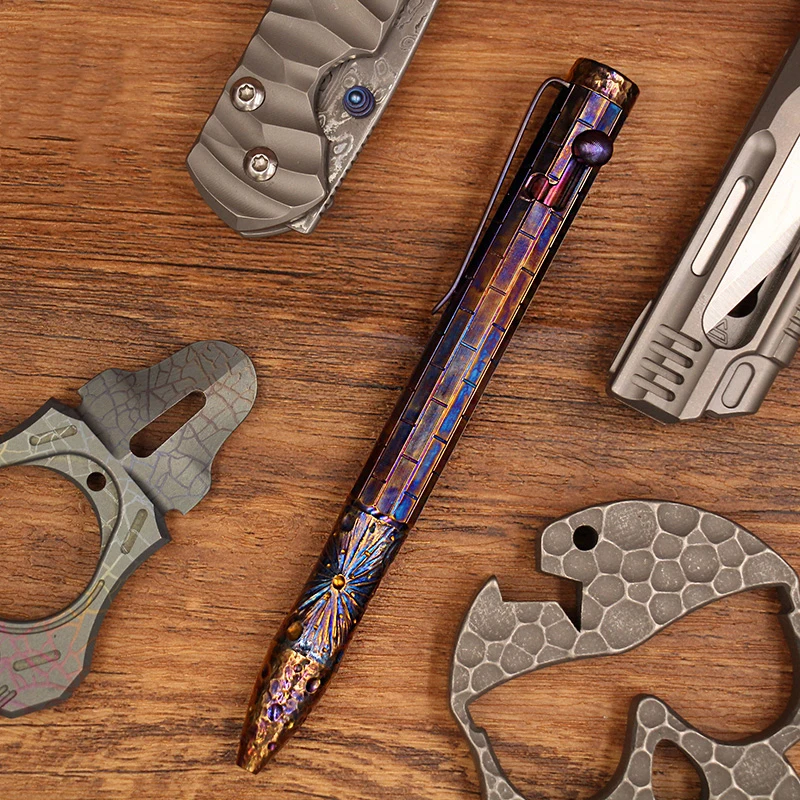 Hand Carving Starry Sky Limited Edition Titanium Alloy Tactical Pen Tungsten Pen Pressing Metal Signature Gel Pen EDC