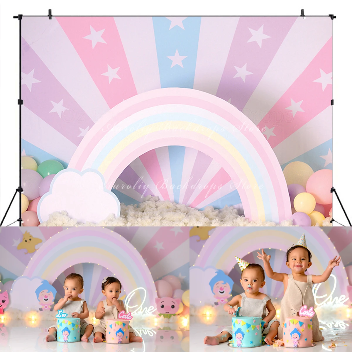 Superstar Pastel Rainbow Backdrops Kids Baby Cake Smash Birthday Photography Props Photocall Dceors Color Balloon Background