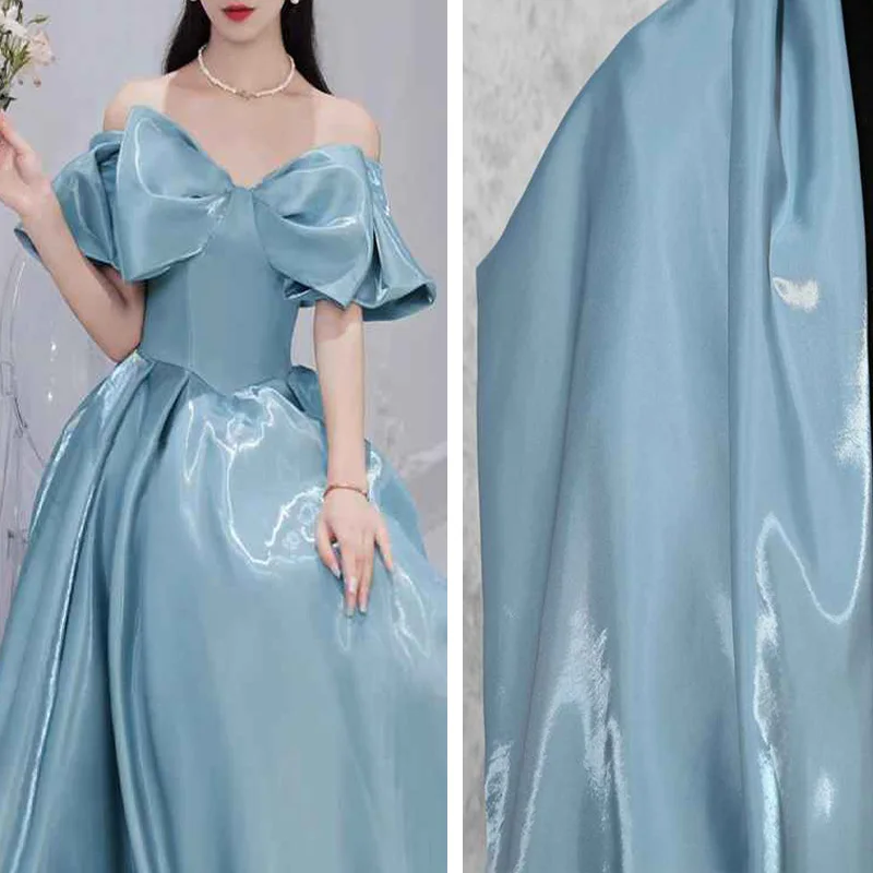 Dusty Blue Luxury Glossy Metallic Liquid Satin Fabric Galaxy Water Gloss for Suit Clothing Designer Materia
