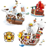 creative thousand sunny going merry anime pirates ship trafalgar law boat building blocks diy bricks toys for children kids gift