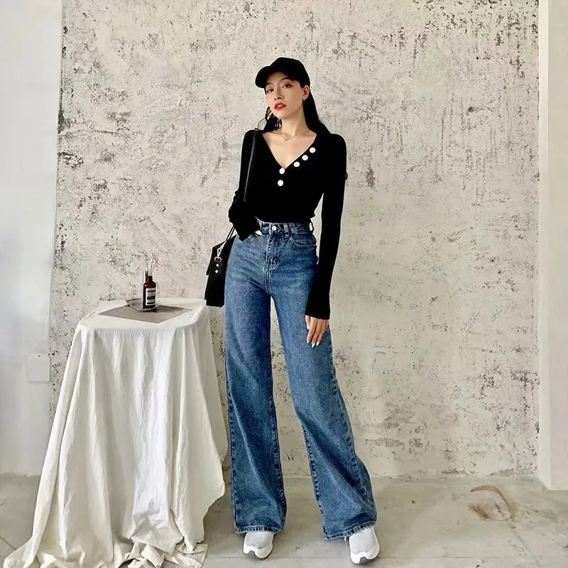 High Waist Solid Color Wide Leg Jeans Spring Autumn New Retro Style Women Street Style Classic Slim Pants Lady Straight Denim