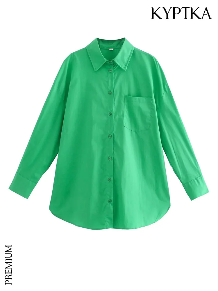 

Женская хлопковая блузка KYPTKA, зеленая винтажная блузка оверсайз с длинным рукавом и накладными карманами, на пуговицах, 2019