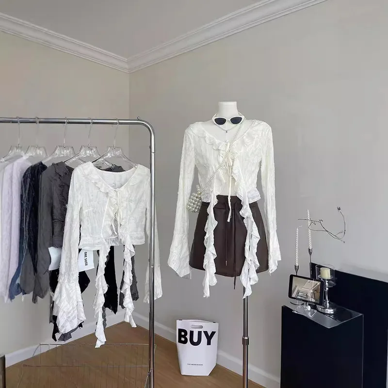 Новая винтажная ажурная блузка с длинными рукавами и рюшами облегающая узкая