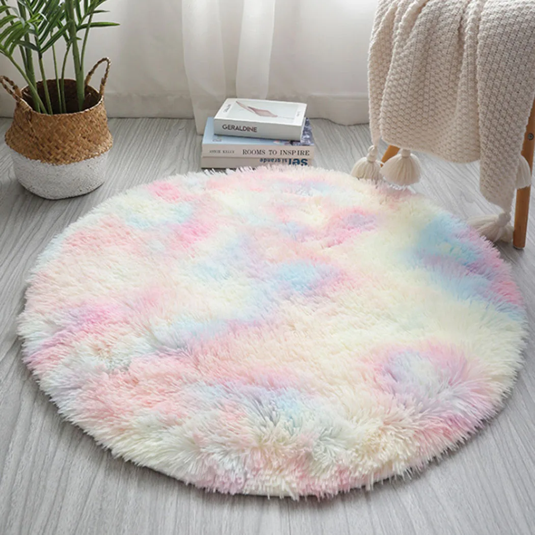 

60CM Rainbow Round Fluffy Rugs Carpets Anti-Skid Shaggy Floor Mat For Living Room Home Decoration Bedroom Kid Room