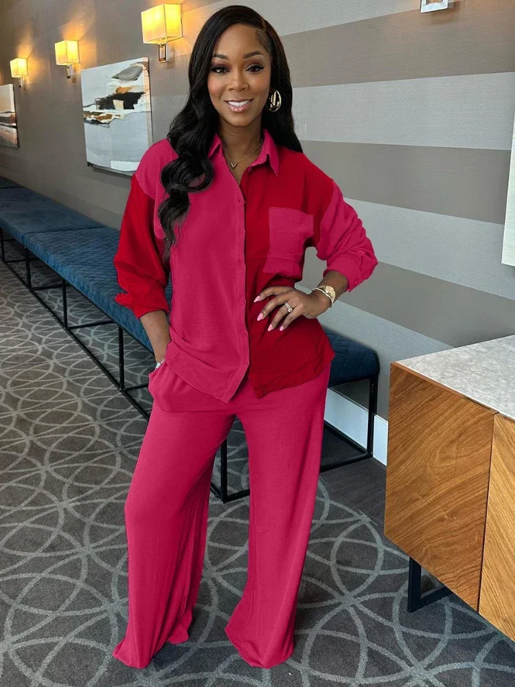 Ueteey Модный женский комплект рубашка с длинными рукавами и широкие прямые брюки