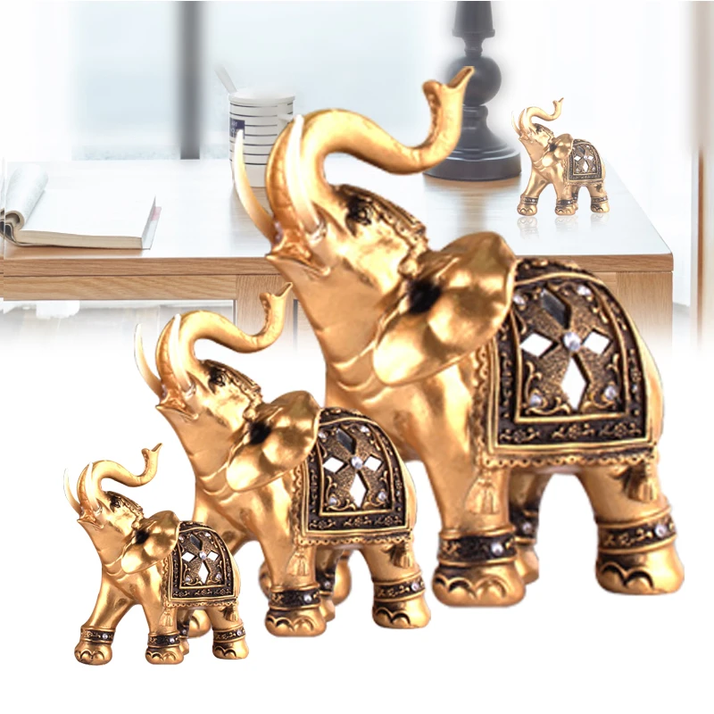 

Golden Resin Elephant Statue Lucky Feng Shui Elegant Elephant Crafts Lucky Wealth Figurine Crafts Ornaments For Home Decor Gift