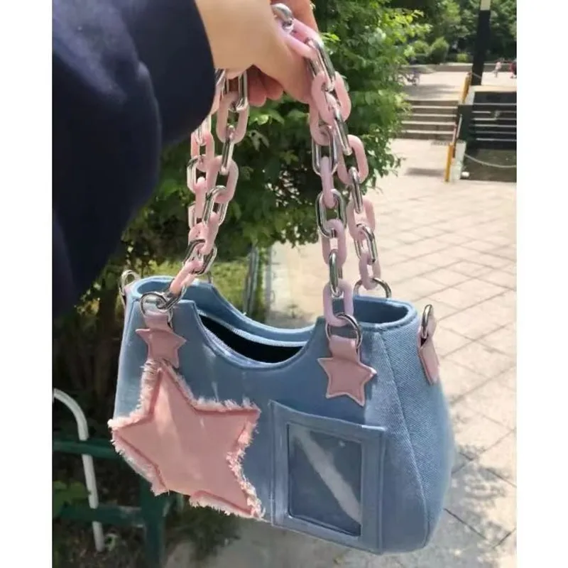 

2023 Y2k Ita Women Shoulder Bag Star Embroidered Denim Cross Messenger Bag Japanese Style Spring Female Underarm Bags