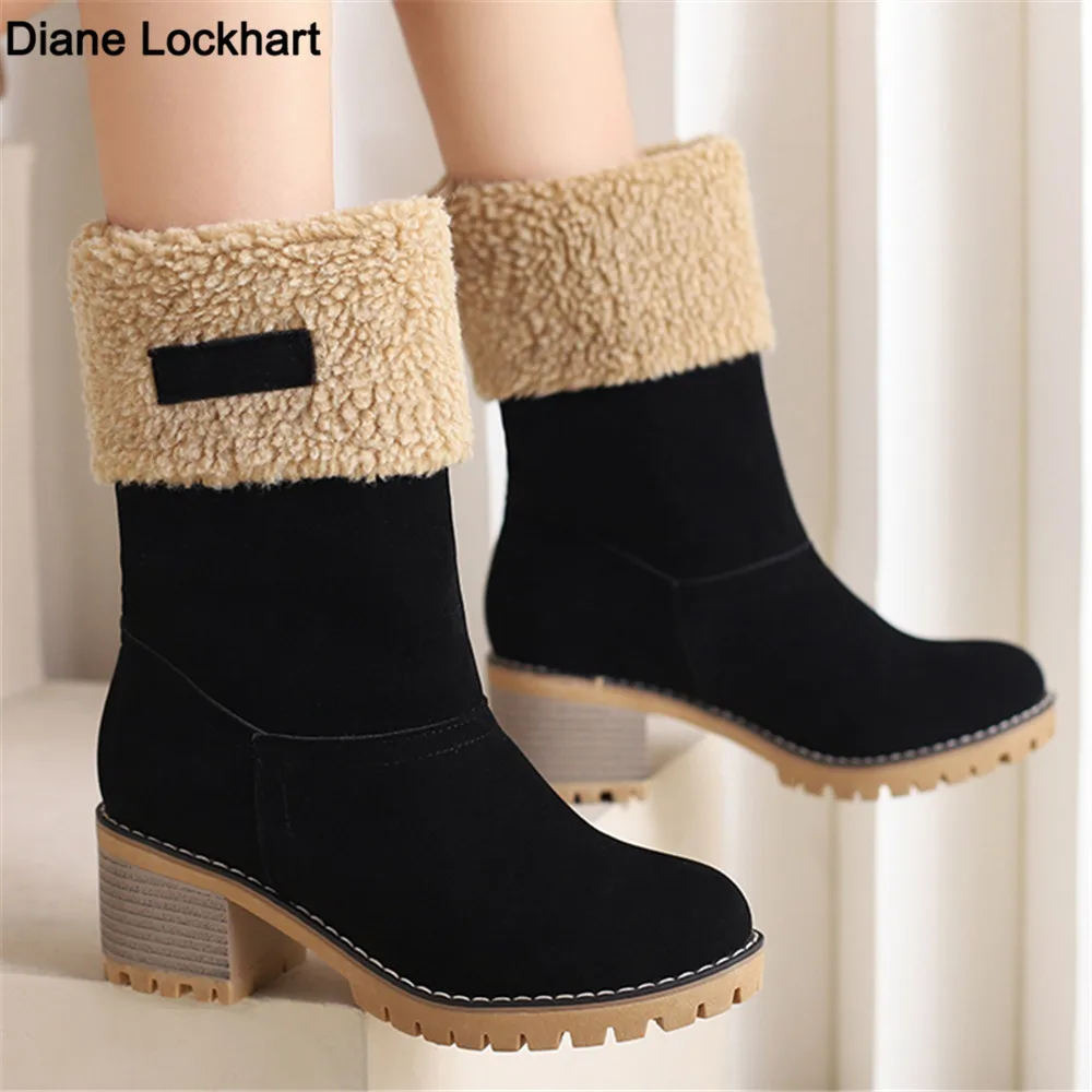 

New Women Boots Winter Outdoor Keep Warm Fur Boots Waterproof Women Snow Boots Thick Heel with Round Head High Heels Size 34-43