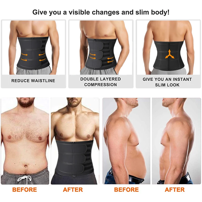 Men Waist Trainer Trimmer Belt for Weight Loss Neoprene Body Shaper Sauna Workout Sweat Belly Belt with Double Straps Shapewear