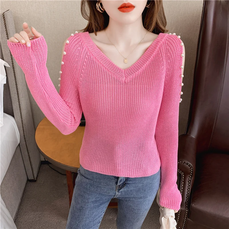 #7430 Off Shoulder Sweaters Women Pearls Sexy Thin Slim Short Women Sweaters And Pullovers Long Sleeve V-neck Knitted Top Femme