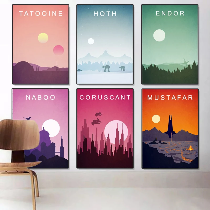 

Minimalist Movie Poster Tatooine Hoth Endor Coruscant Mustafar Naboo Wall Art Picture Canvas Print Room Home Decor Painting Gift