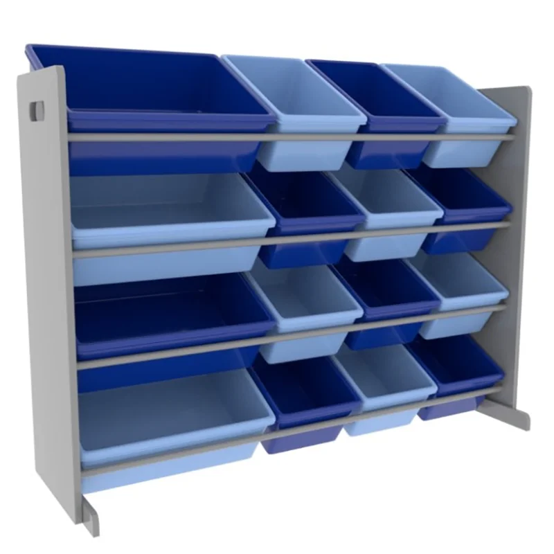 

Kids Grey Toy Storage Organizer with 16 Blue Plastic Storage Bins storage box