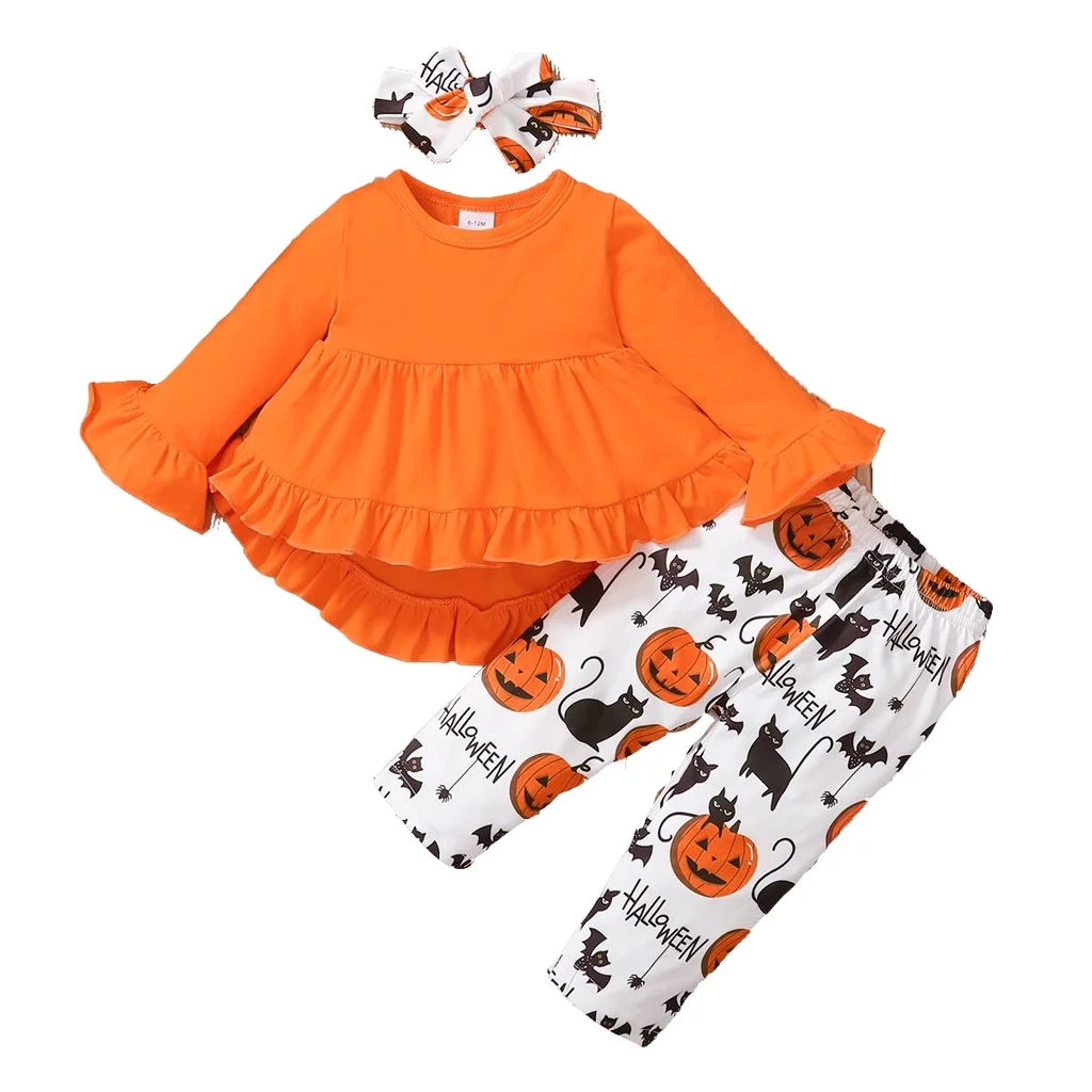Infant Baby Girl Suit Clothing Halloween Element Print Long Sleeve Tuxedo Top +Pants with Headband Party Set 3PCS Outfit Set