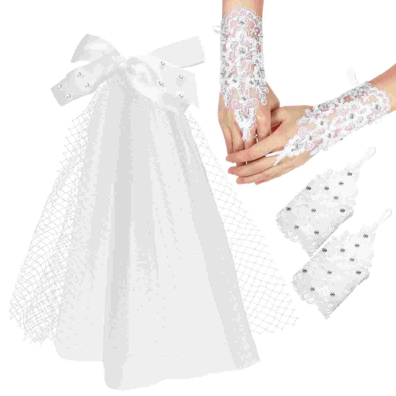

1 Count Bow Veil Short Pearl Wedding Hair Clip Bachelorette Bridal Veils Mesh Mini Lace Long