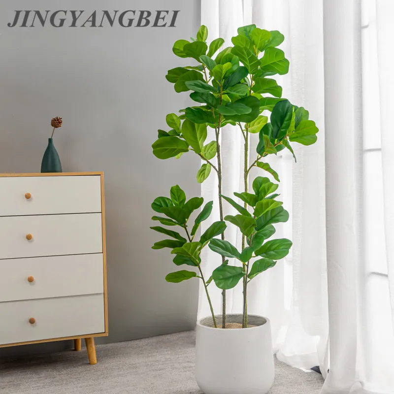 

55-122cm Tropical Plants Large Artificial Ficus Tree Branch Real Touch Banyan Tree Fake Palm Leaves For Home Garden Office Decor