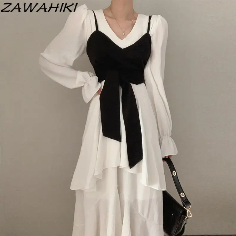 

ZAWAHIKI Korean Chic White High Waist Long Flare Sleeve Elegant Dress Black Thin Vest Fashion New Suit Spring Summer Clothes