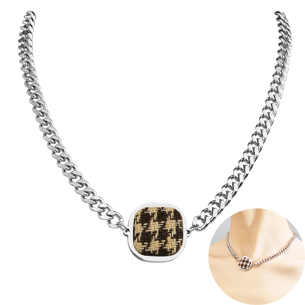 

Square Fabric Stainless Steel Clavicle Chain Jewelry For Women Luxury Elegant Choker Necklace Female Wedding Necklace Gift