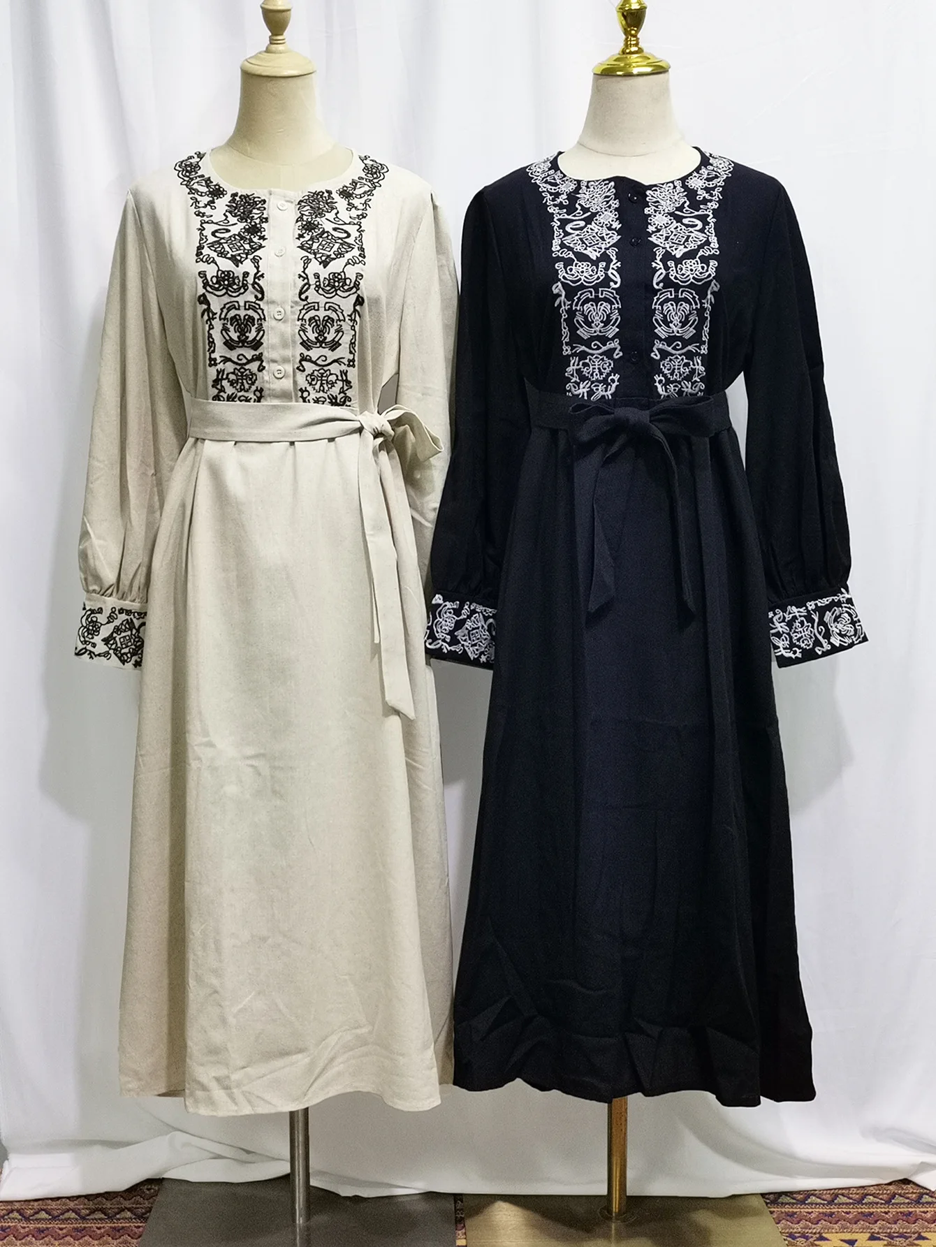 Марокканское хлопковое льняное платье с вышивкой и поясом Abaya макси для женщин