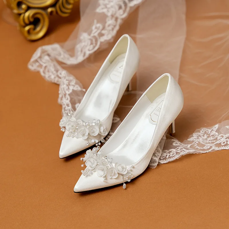 Wedding Shoes Women Bride Main Dress Pumps White Satin Stiletto High Heels Chiffon Flower Pointed Toe Slip-on Large Size 32-43