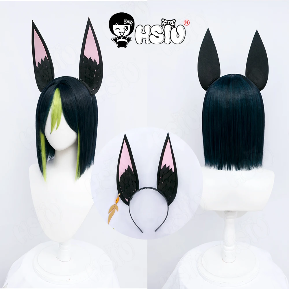 

Tighnari Cosplay Wig Game Genshin Impact Cosplay HSIU Blue black highlights green short hair Ear headdress+wig cap
