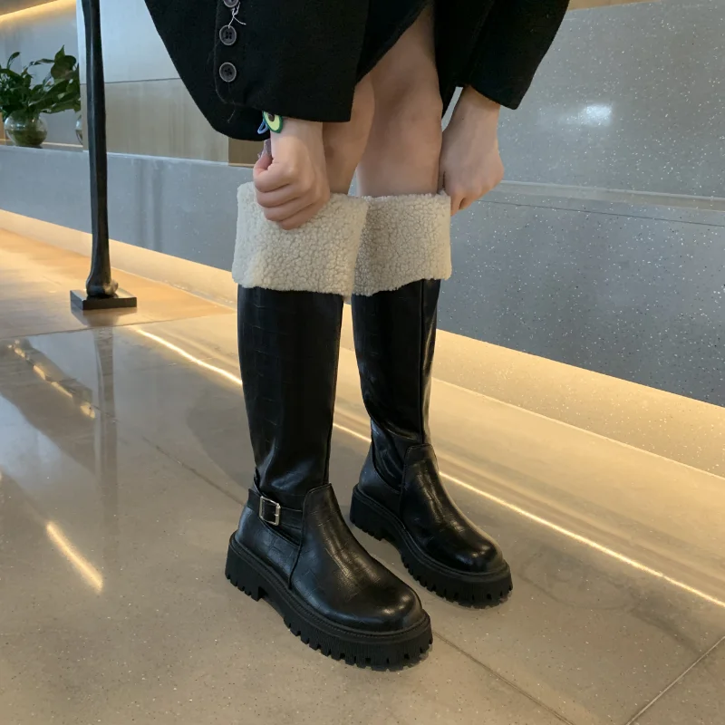 Women's Knee-high Boots Stylish Back Zipper Midheel Platform Shoes 2023 New Winter Cashmere Warm Boots PU Women's High Boots