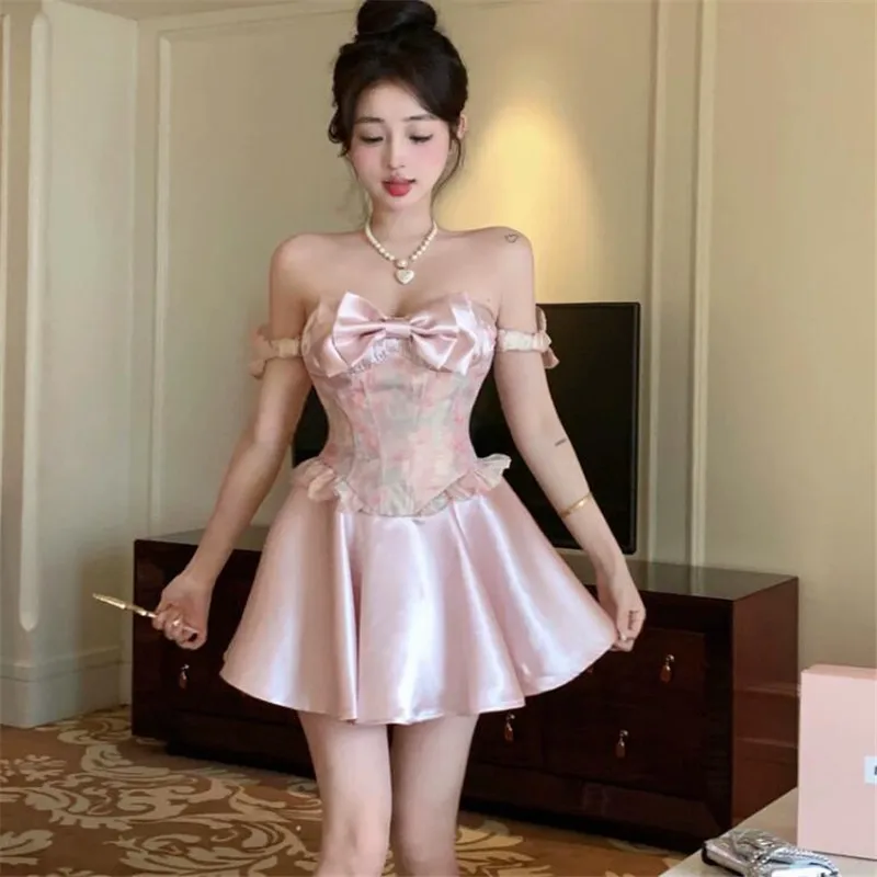 

Платье в французском дворцовом стиле с цветочным принтом и бантом, маленькое розовое платье, модное балетное платье без бретелек с воротником-лодочкой, летнее супермини-платье