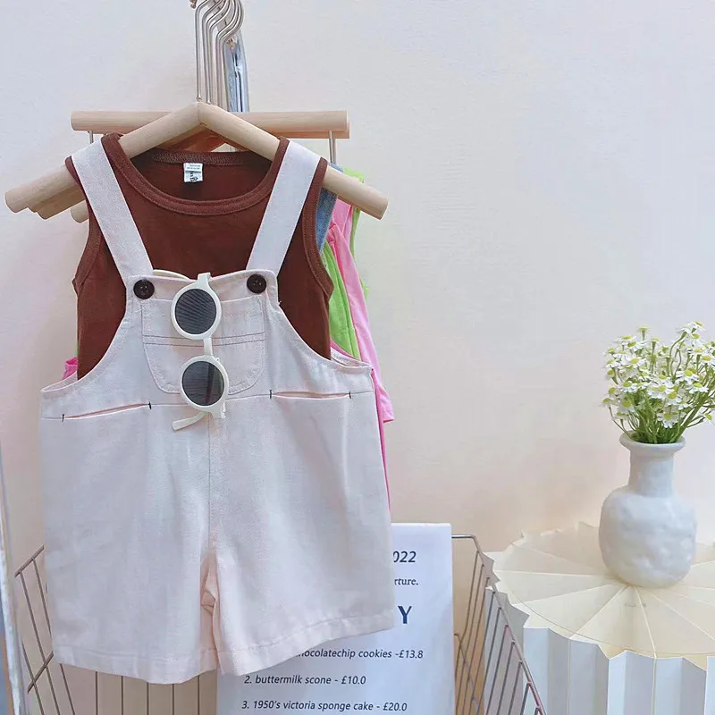 

2023 Unisex Baby Boys and Girls Summer Clothes Set Kids Plain Vest and Suspender Pants Children Korean Fashion Overall Shorts