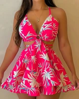 pink print jumpsuit women summer 2022 halter neck sexy party bow summer backless romper sleeveless club playsuit outfits