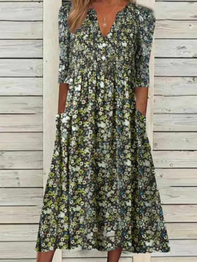 

Женское офисное платье с коротким рукавом, элегантное плиссированное платье-трапеция с принтом и карманами, Свободное длинное платье Бохо ...