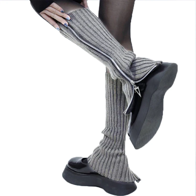 

Knitted Women Gothic Punk Ribbed Knitted Leg Warmers Harajuku Side Zipper Up Solid Color Boot Socks Student Knee High Foot Cover