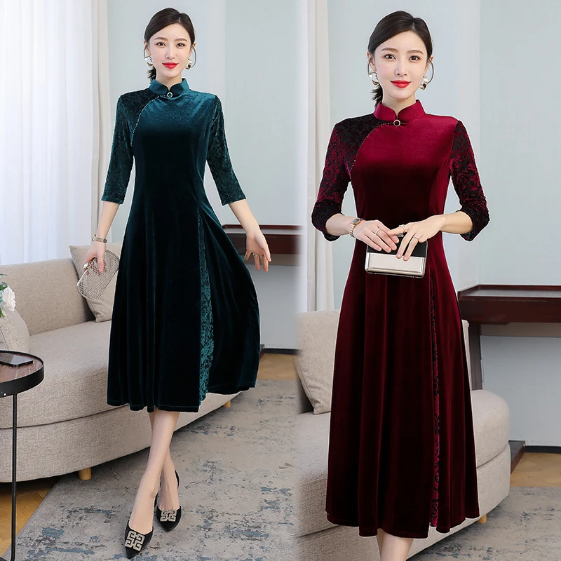 

2022 mandarin collar women qipao velvet party dress improved elegant cheongsam vintage cheongsam qipao chinese oriental dresses