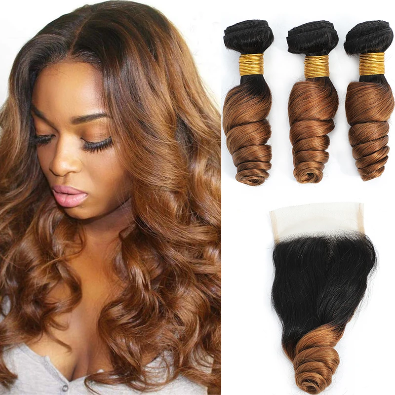DreamDiana Peruvian Loose Wave Bundles with Closure 1B/30 Ombre Color Spark 100% Remy Human Hair Extension With 4x4 Lace Closure