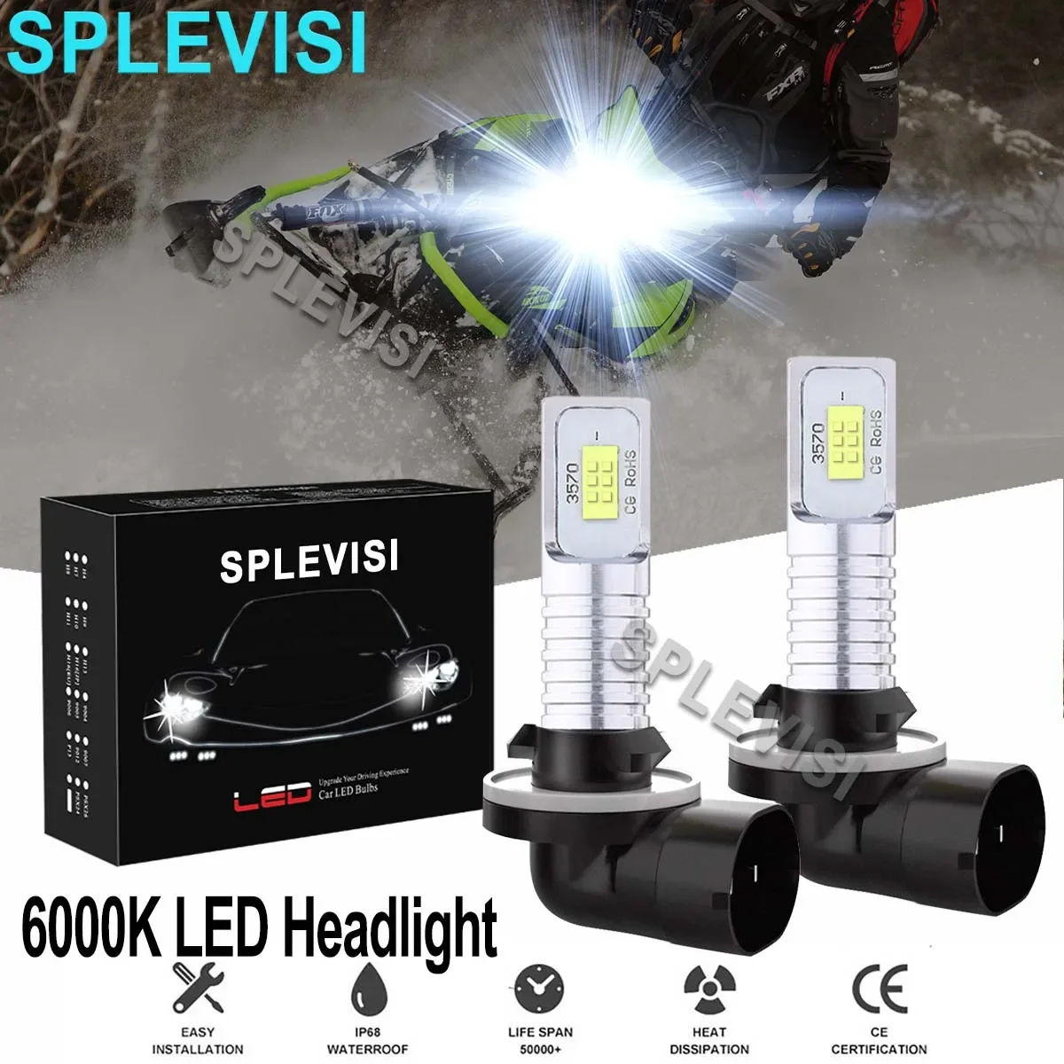 2x70W 6000K чистый белый светодиодный комплект ламп для фар снегоходов Arctic Cat M5 M6 M7 M8