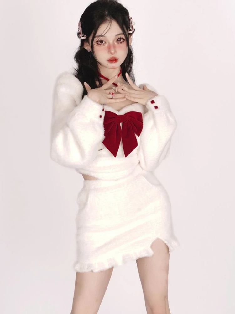 Женский Белый Топ с длинным рукавом и юбка высокой талией