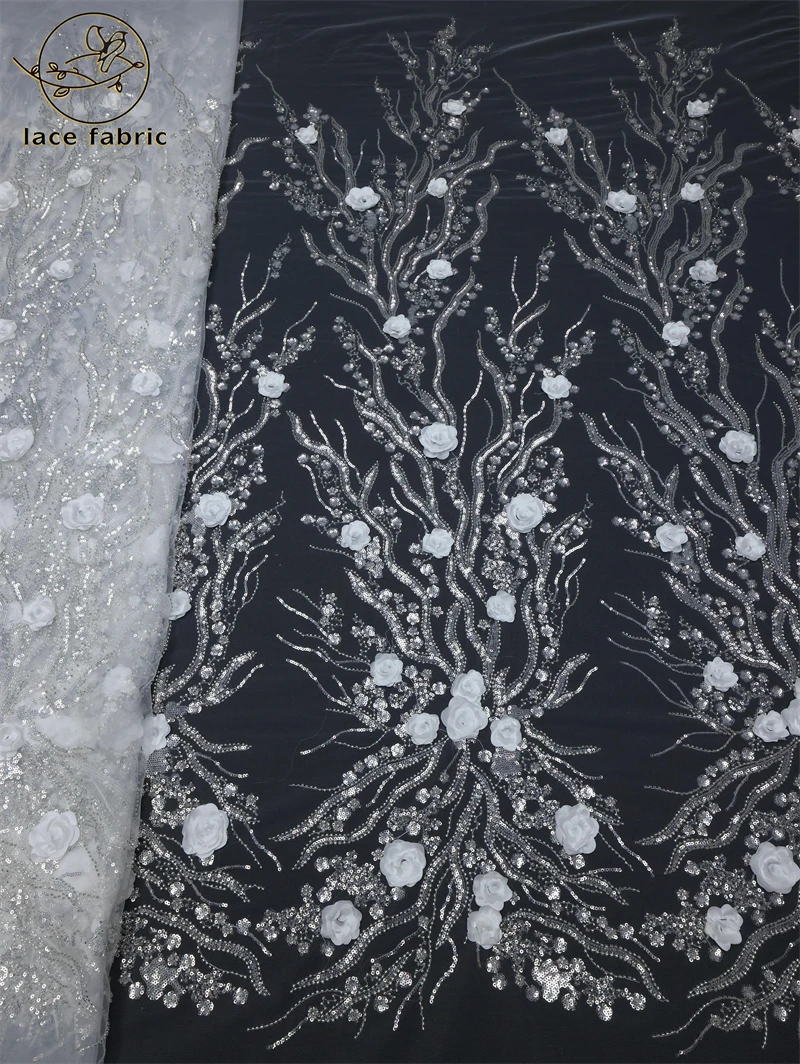 

White Luxury 3D Lace Fabric 5 Yards Dubai Hand Beaded Tulle Lace Fabric Embroidered Applique African Nigerian Sequin Lace Fabric