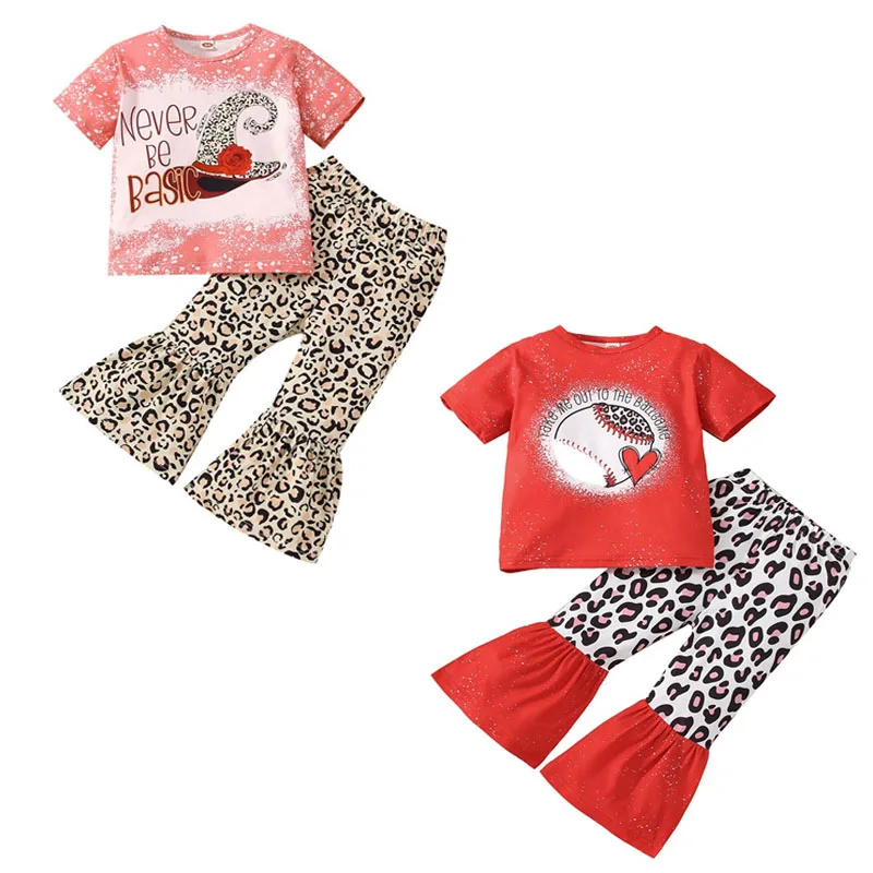 

Kids Girls Valentine's Day Red Heart Letter Print Short Sleeve T-Shirts Tops Leopard Flare Pant