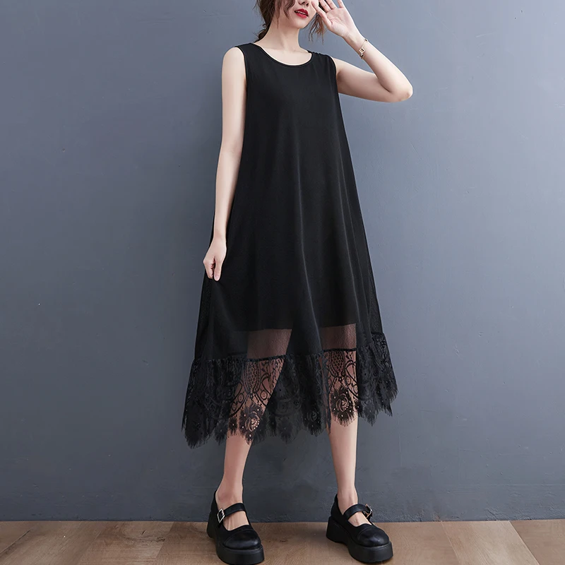 

Женское кружевное платье-чехол без рукавов, черное или белое Повседневное платье миди в Корейском стиле для отдыха, путешествий, пляжа, 2022