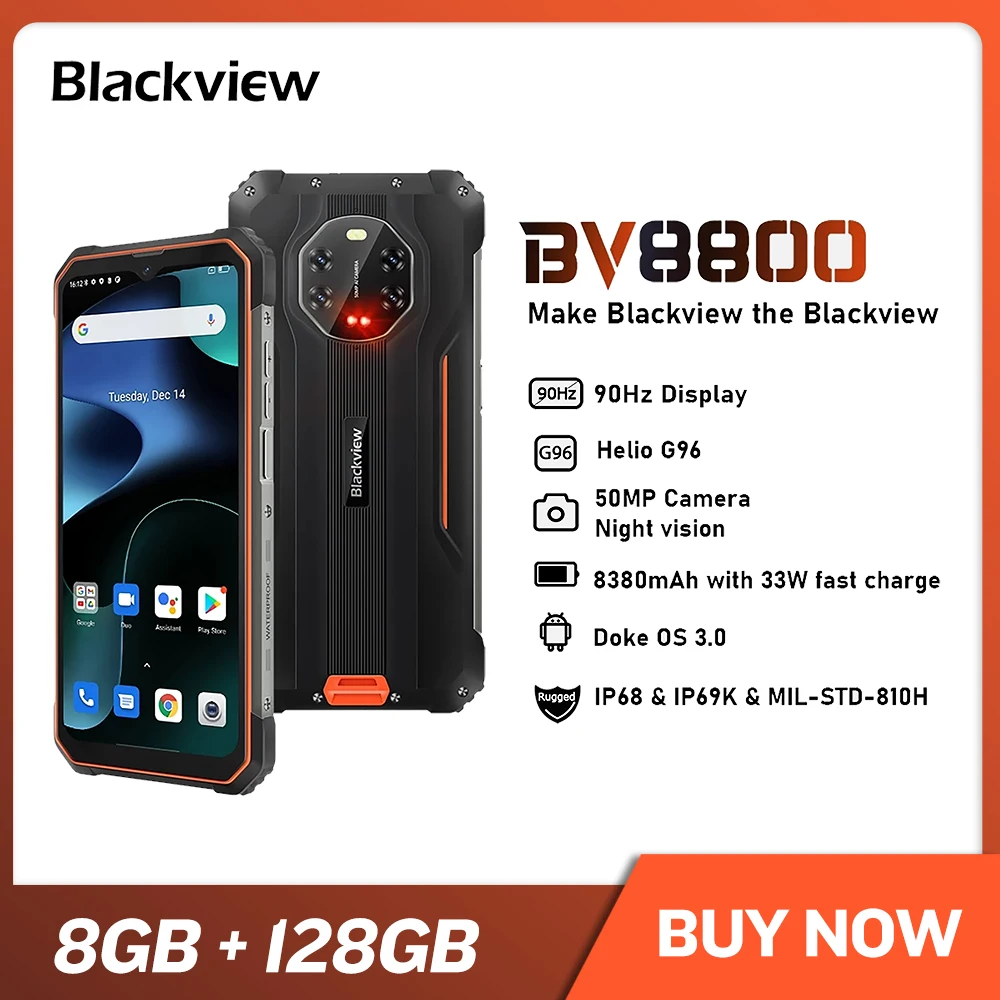 BLACKVIEW BV8800 IP68 прочный смартфон 8 ГБ + 128 ГБ Android 11 Helio G96 мобильного телефона 90 Гц Дисплей мобильный телефон 8380 мА/ч, 50MP камеры