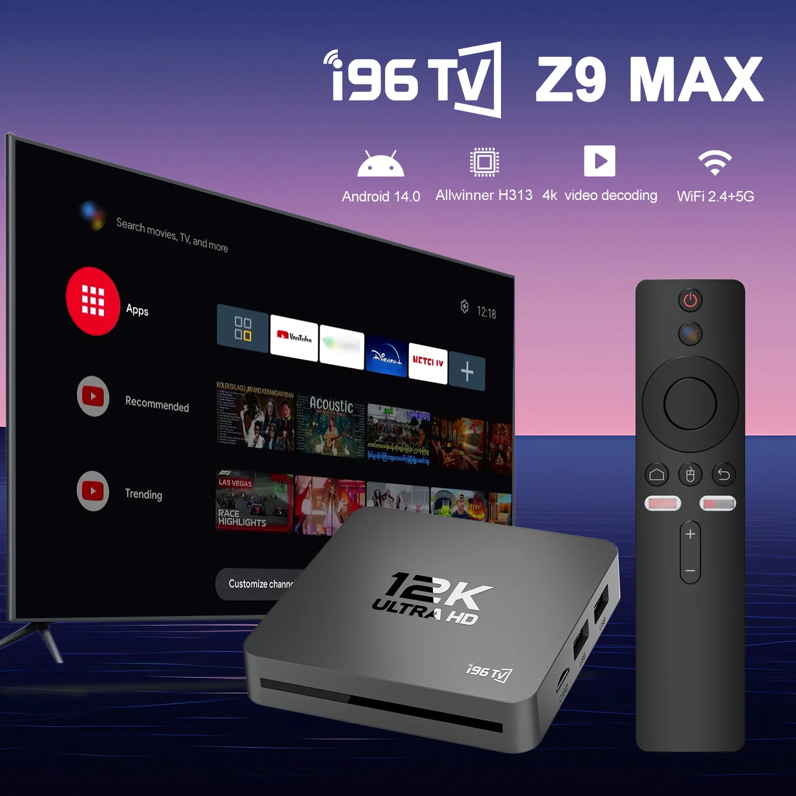 Фото ТВ-приставка Velec I96 Z9 MAX Smart TV Box на Android 14, 8+128 ГБ, 4K, Dual Wi-Fi (2.4G+5.8G), Bluetooth 5.0, медиаплеер для потокового вещания №3