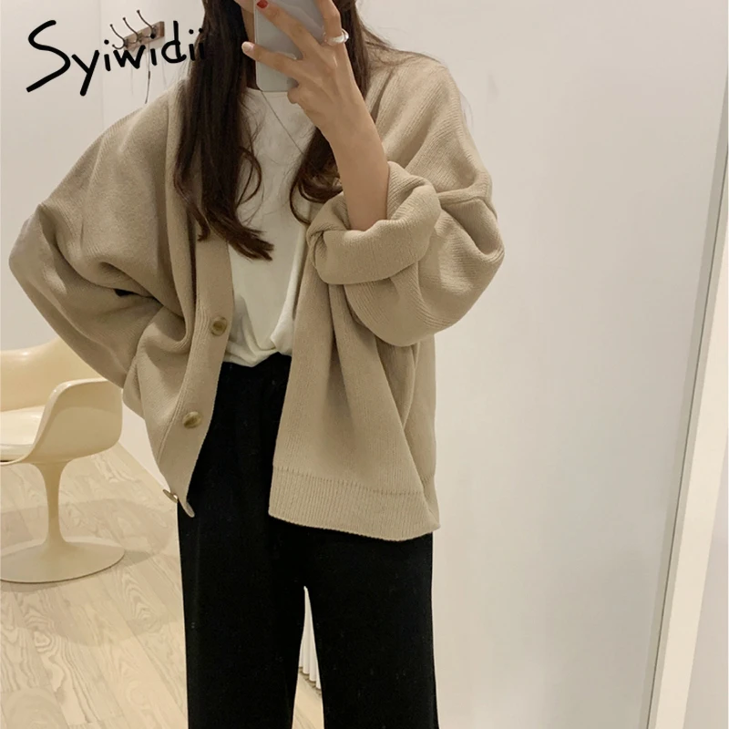 

Syiwidii Oversized Knitted Cardigans Women Harajuku Brown Sweater Spring Autumn 2022 Korean Tops Casual Vintage Black Warm Coat