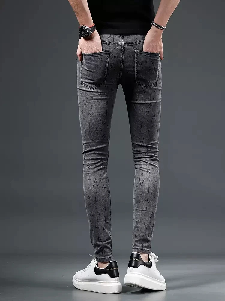 Summer Slim Fit Men's Jeans Fashion Letter Printed Gray Denim Pants CP2266