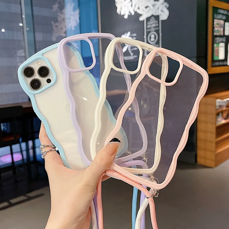 

Simple wave pattern transparent suitable for 13 12 11 xs xr 7P mobile phone shell diagonal lanyard anti-fall iPhone11/12/xsmax