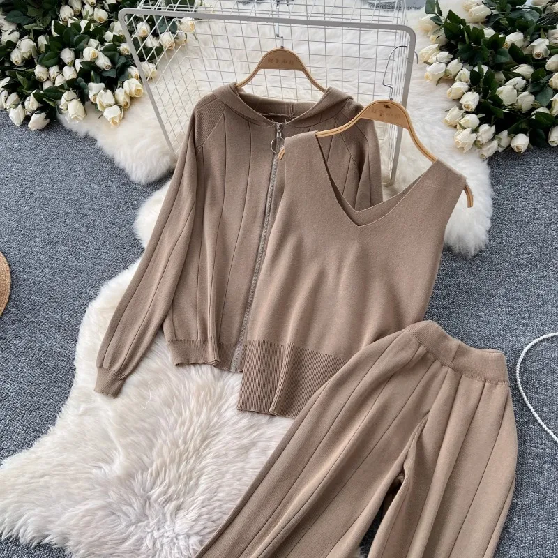 Корейский шикарный простой однотонный вязаный костюм женский кардиган с